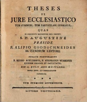 Theses ex iure ecclesiastico tum communi, tum particulari Germaniae