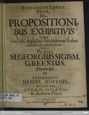 1: Exercitatio Logica ... De Propositionibus Exhibitivis