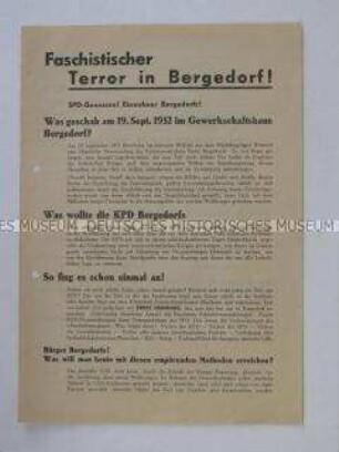 Propagandaflugblatt der KPD zu Übergriffen auf Kommunisten in Bergedorf