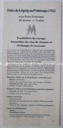 Merkblatt zur Leipziger Frühjahrsmesse 1955 (in französischer Sprache)