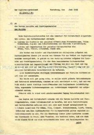 Rundschreiben an alle Landräte und Bürgermeister über die Bildung eines Dezernats für Kulturarbeit