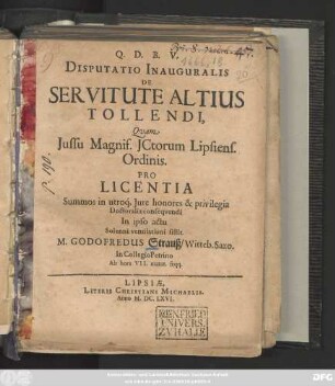 Disputatio Inauguralis De Servitute Altius Tollendi