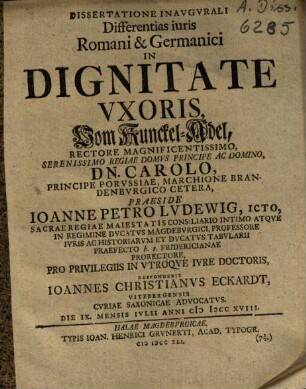Dissertatione Inavgvrali Differentias iuris Romani et Germanici in Dignitate Vxoris, vom Kunckel-Adel