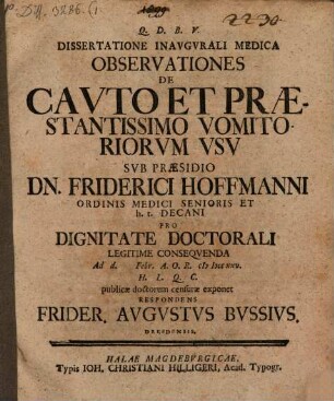 Dissertatione Inavgvrali Medica Observationes De Cavto Et Praestantissimo Vomitoriorvm Vsv