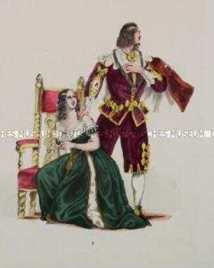 Paar: Frau im grünen Kleid, kniend, Mann im violetten Anzug, stehend - Tafel aus Franceschini/Neue Kostümsammlung (Kassette 3)