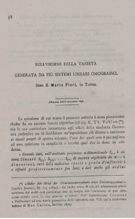 Sulla´ordine della varietà generata da più sistemi lineari omografici.