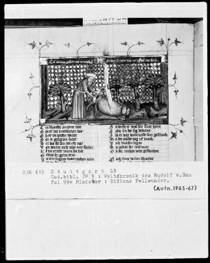 Weltchronik des Rudolf von Ems — Gideons Fellwunder, Folio 99verso