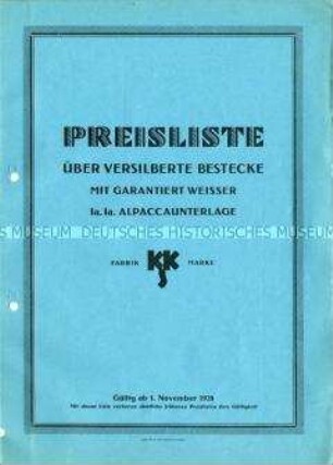 Preisverzeichnis über versilberte Bestecke mit Alpakaunterlage