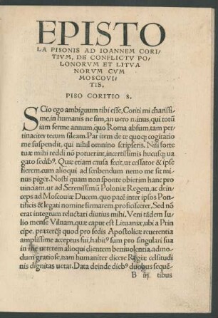 Epistola Pisonis Ad Ioannem Coritum, De Conflictu Polonorum Et Litvanroum Cum Moscovitis.