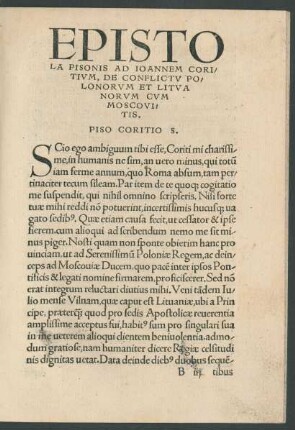 Epistola Pisonis Ad Ioannem Coritum, De Conflictu Polonorum Et Litvanroum Cum Moscovitis.