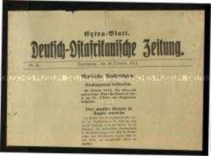 Extrablatt der Zeitung für Deutsch-Ostafrika Nr. 54 vom 30. Oktober 1914, mit einer Schlagzeile zur Beschießung von Swakopmund durch die Engländer