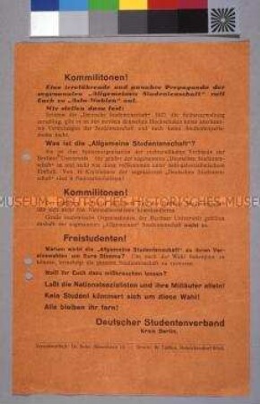 Flugblatt des Deutschen Studentenverbandes mit Warnung vor der von den Nationalsozialisten beherrschten "Deutschen Studentenschaft"