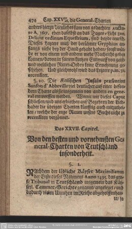 Das XXVII. Capitel. Von den besten und vornehmsten General-Charten von Teutschland insonderheit