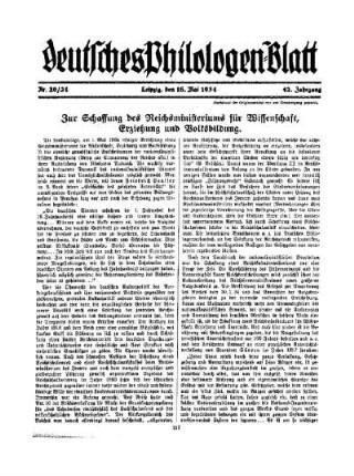 Zur Schaffung des Reichsministeriums für Wissenschaft, Erziehung und Volksbildung