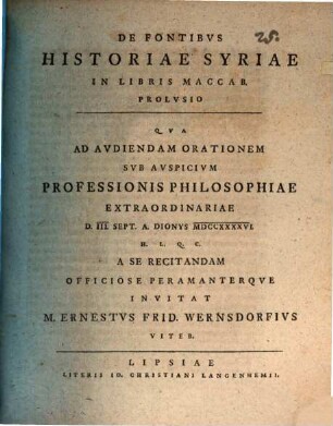 De fontibvs historiae Syriae in libris Maccab. prolvsio