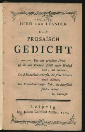 Hero Und Leander : Ein Prosaisch Gedicht