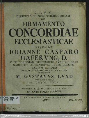 Dissertationem Theologicam De Firmamento Concordiae Ecclesiasticae