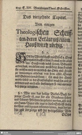 Das vierzehnde Capitul. Von einigen Theologischen Schrifften, deren Erkäntniß einem Hauswirth nöthig