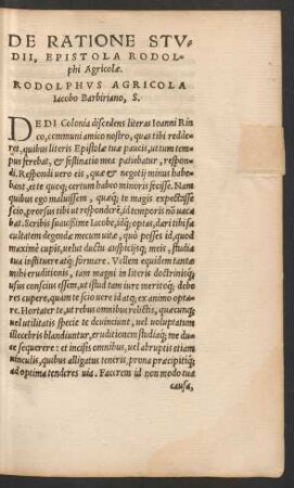 De Ratione Studii, Epistola Rodolphi Agricolae.