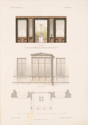 Blumenfenster eines Wohnhauses, Maternhof: Grundriss, Ansicht, Innenansicht (aus: Architektonisches Skizzenbuch, H. 45/2, 1860)