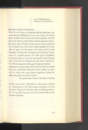 An J.G. Zimmermann Wandsbeck, den 18. Juli 1775