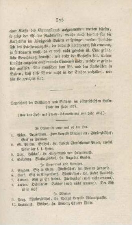 375-379 Verzeichnis der Bisthümer und Bishcöfe im österreichischen Kaiserstaate im Jahr 1823