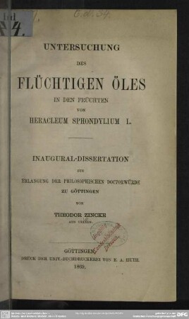Untersuchung des flüchtigen Öles in den Früchten von Heraaleum Sphondylium L.
