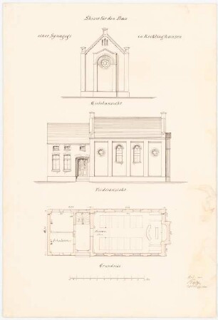 Synagoge, Recklinghausen: Grundriss Erdgeschoss, Aufriss Eingangsseite, Giebelansicht der Schreinwand
