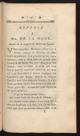 Reponse A Mr. De La Noue, Auteur de la tragédie de Mahomet second