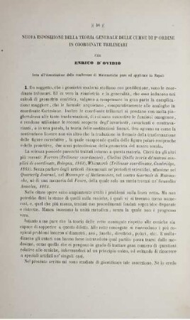 Nuova esposizione della teoria generale delle curve di 2° ordine in coordinate trilineari.