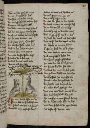 Ein Hund trifft einen Hund mit Schelle an einem Baum; (Von dem Hund mit der Schelle, Kapitel LXIX nach Pfeiffer)