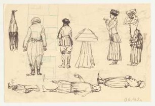 Bekleidungsstudien : Rückwärtig und seitlich dargestellte Figuren in Winterkleidung mit Jacken, Hosen und Stiefeln; zwei Frauen im Rock mit Drapierungen am Gesäß, enger Jacke; weitere Skizzen