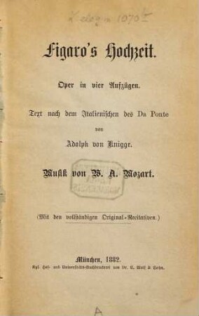 Figaro's Hochzeit : Oper in vier Aufzügen