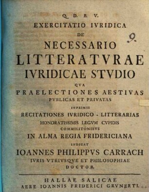 Exercitatio iur. de necessario litteraturae iuridicae studio