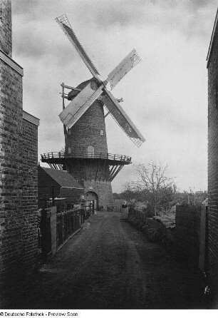 Gasse am Stadtrand mit Galerieholländer-Windmühle