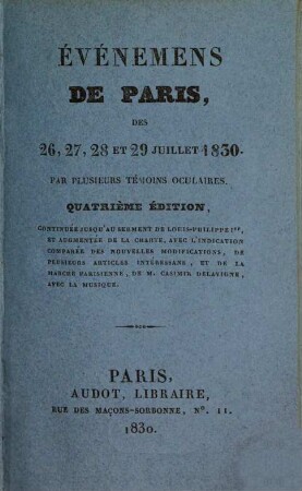 Evénemens de Paris des 26, 27, 28, et 29 juillet 1830