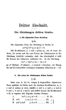 Dritter Abschnitt. Die Gleichungen dritten Grades. § 44-59.