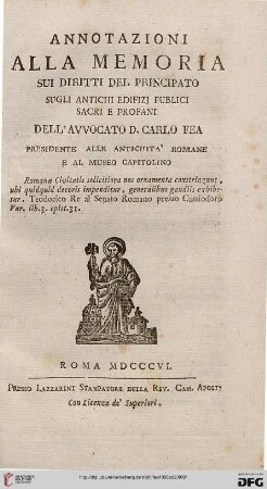 Band 2: Dei diritti del principato sugli antichi edifizj publici sacri e profani in occasione del panteon di Marco Agrippa: Annotazioni alla memoria sui diritti del principato ...