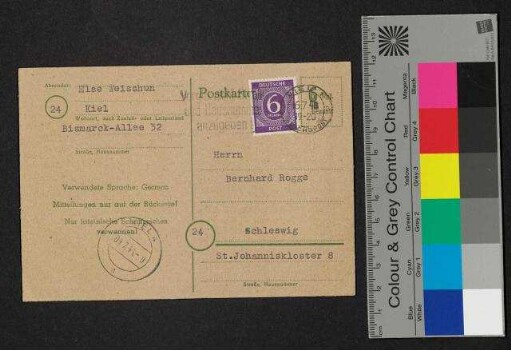 Postkarte - Dokumente unmittelbar nach dem 2. Weltkrieg, u.a. Entnazifizierungsverfahren