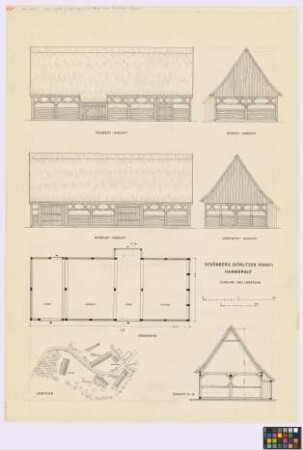 Schönberg in der Heide (Kreis Görlitz): Hammergut. - Lageplan mit Kuh- und Pferdestall (Aufsicht), Scheune (Aufsicht), Haupthaus (Aufsicht), Ausgedinge-Haus (Aufsicht), Schuppen (Aufsicht). - Scheuen (Süd-West-Seiten-Ansicht, Nord-Ost-Seiten-Ansicht, Süd-Ost-Giebel-Ansicht, Nord-West-Giebel-Ansicht, Grundriss, Querschnitt A-B)