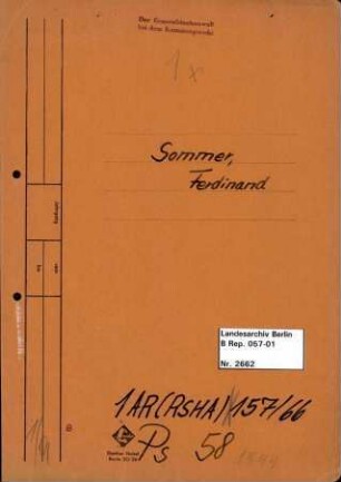 Personenheft Ferdinand Sommer (*01.03.1904), Kriminaloberamtmann