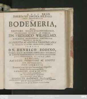 Dissertatio Iuridica Solennis Loco Inauguralis De Bodemeria