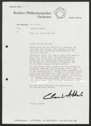 Brief an Gerard Mortier, 28.12.1995