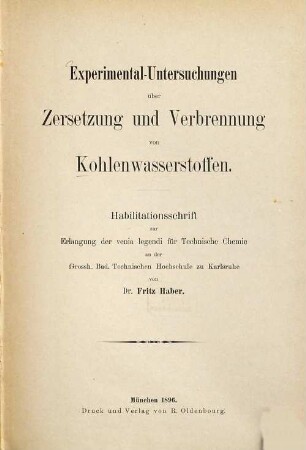 Experimental-Untersuchungen über Zersetzung und Verbrennung von Kohlenwasserstoffen