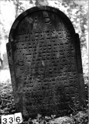 Grabstein 336 (Index: 99803522) Material: Sandstein Zustand: leicht verwitt/eingesunken Maße HxBxT: 105x65x11 cm Beschreibung: Stele mit eingezogenem Rundbogen und profiliertem Rand: Grabstein 336