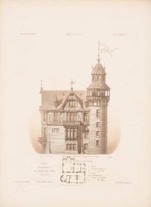 Haus Neuerburg, Köln-Kalk: Grundriss, Ansicht von Osten (aus: Architektonisches Skizzenbuch, H.125/2, 1874)