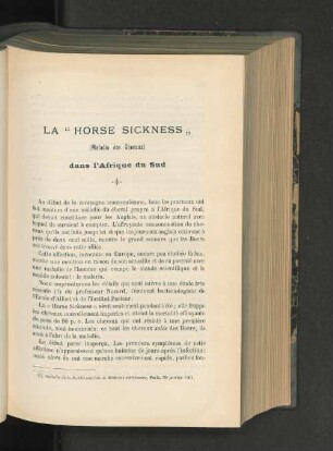 La "Horse Sickness" dans l'Afrique du Sud.