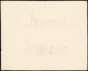 Zweigeschossiges Schloss im Stil der Neorenaissance: Vorder- und Rückansicht