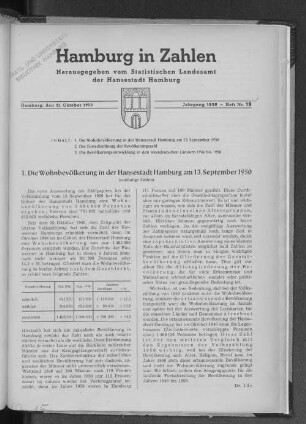 Die Wohnbevölkerung in der Hansestadt Hamburg am 13. September 1950