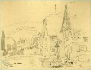 Neckarelz Blick in die heutige Martin-Luther-Straße mit Löwenbrunnen im Vordergrund